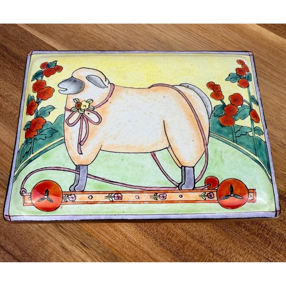 Vintage Sheep Pull Toy Folk Art Trinket Box -Whimsical Enamelware Jewelry Box